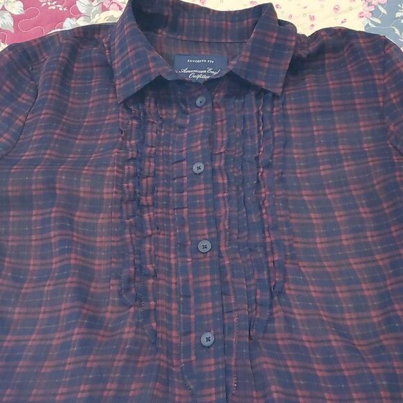 American Eagle Favorite Fit Plaid Ruffle Shirt S - Picture 2 of 6